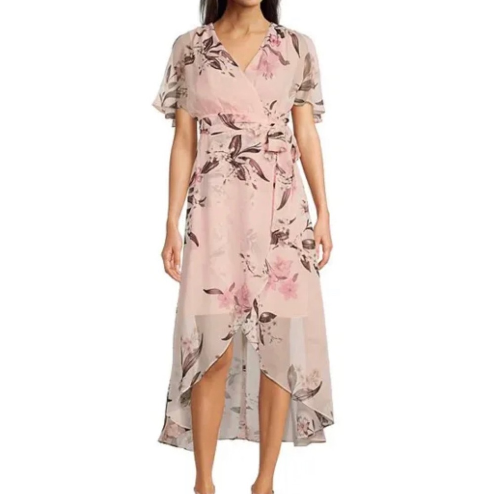 Eliza J NWT Blush Pink Surplice Neck High-Low Flutter Sleeve Maxi Dress, Size 12